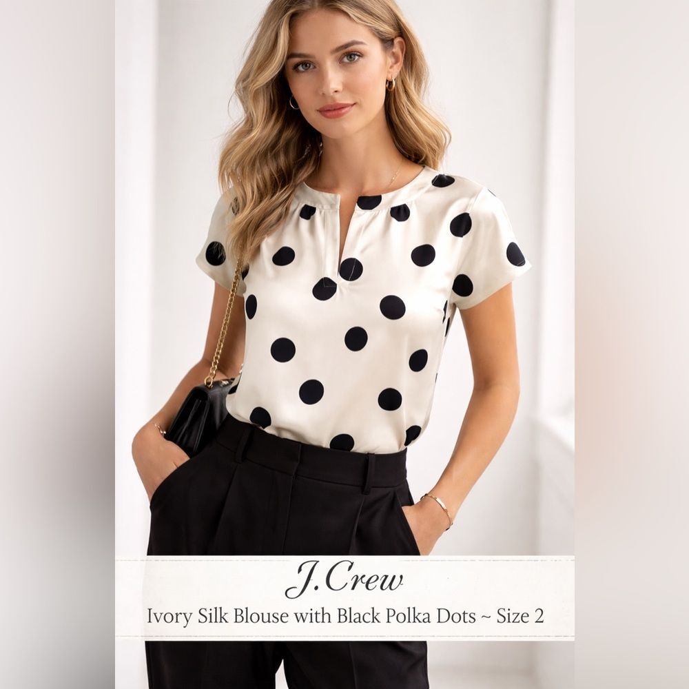 J.Crew Ivory Silk Blouse with Black Polka Dots – Size 2
